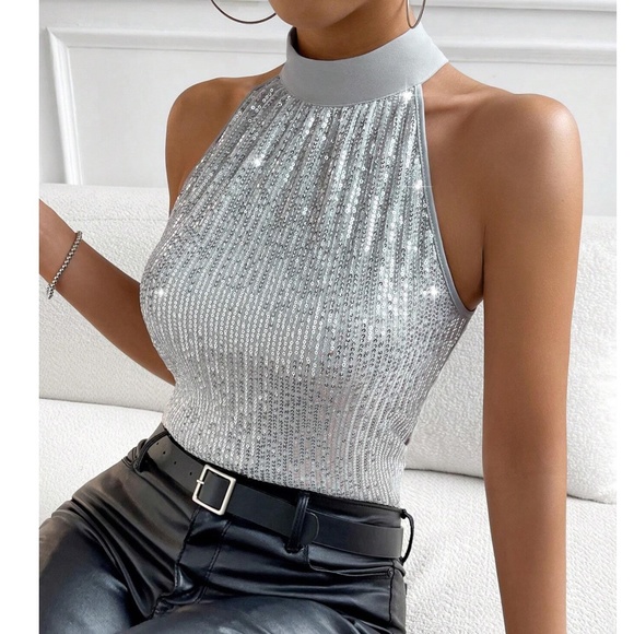 Luxe Sequin Halter Party Evening Holiday Top - Picture 6 of 12